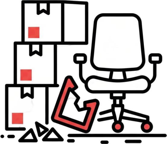 Office chair, desk and boxes icon for commercial clearouts