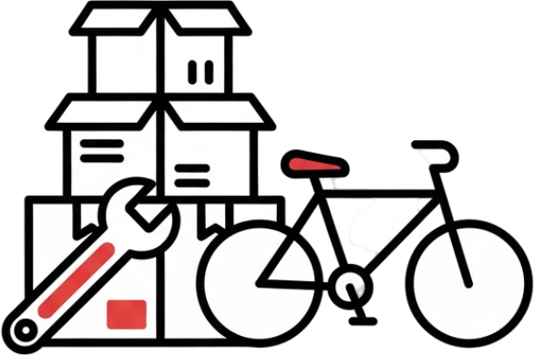 Boxes, tools and bike icon for garage and shed cleanouts